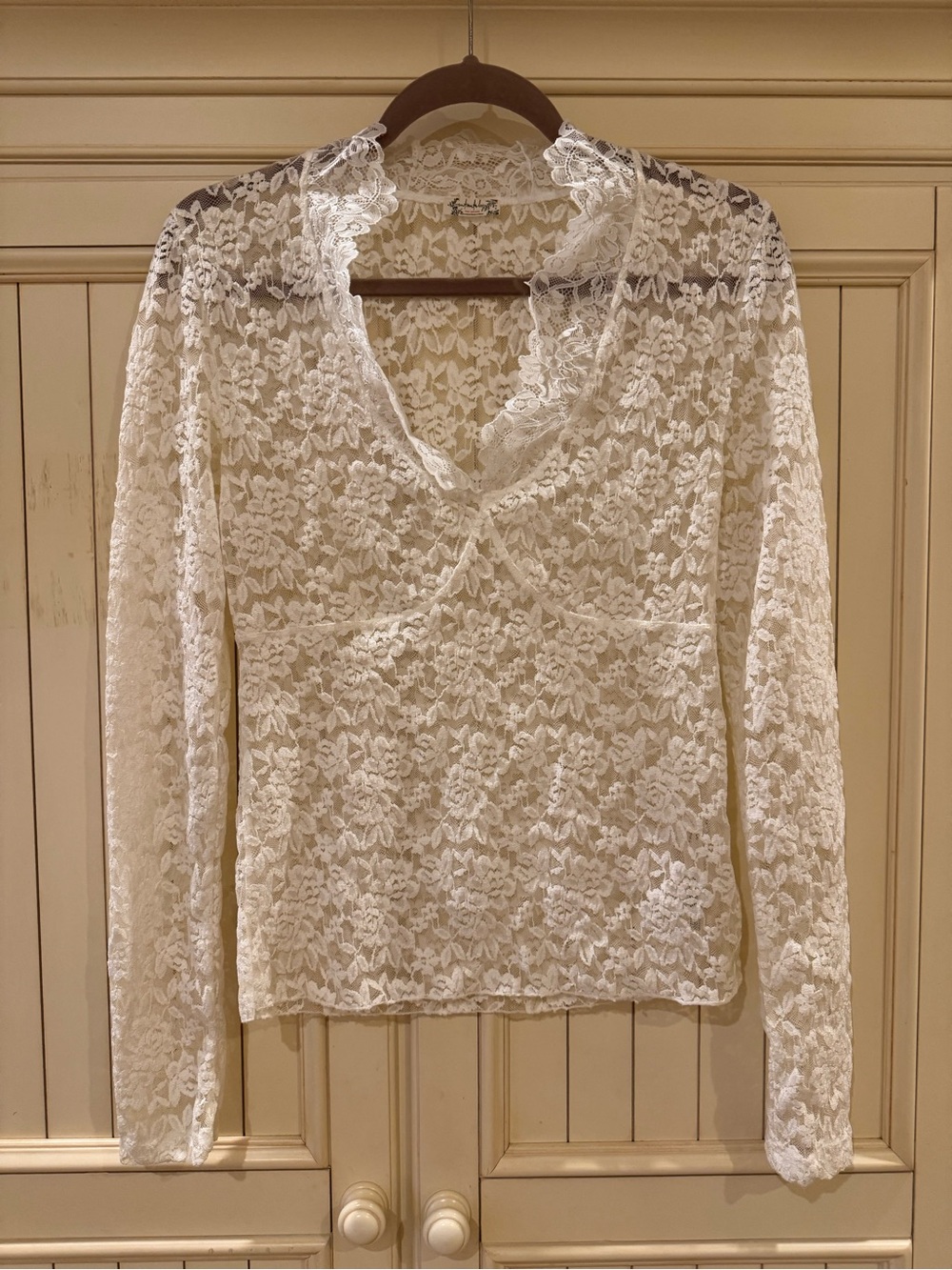 Free people Delicate White Lace Long-Sleeve V-Neck Top